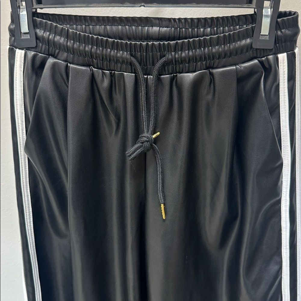 Anthropologie Black Wide-Leg Track Pants with White Side Stripe - Picture 7 of 12